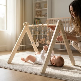 Baby gym + 4 drewniano - silkonowo - koronkowe zawieszki